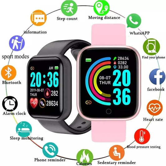 Smartwatch unissex, conecta via Bluetooth ao telefone para música e fitness. Inclui monitor de sono e recursos esportivos